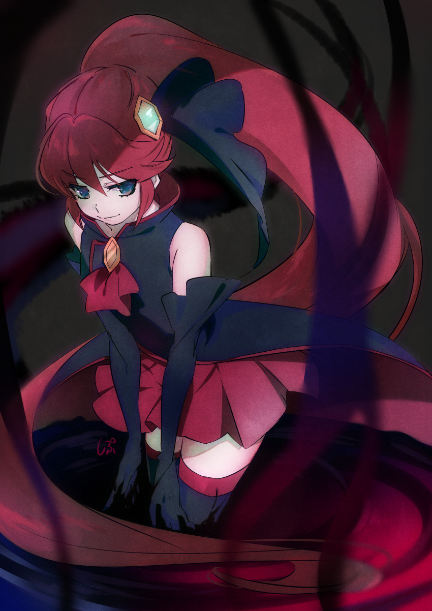 1girl absurdly_long_hair absurdres bangs black_gloves black_legwear blue_eyes closed_mouth cowboy_shot elbow_gloves eyebrows_visible_through_hair gloves hair_between_eyes hair_ornament happinesscharge_precure! highres long_hair miniskirt pleated_skirt ponytail precure red_hair red_neckwear red_skirt shiny shiny_hair shipu_(gassyumaron) skirt smile solo thighhighs unlovely_(happinesscharge_precure!) very_long_hair zettai_ryouiki