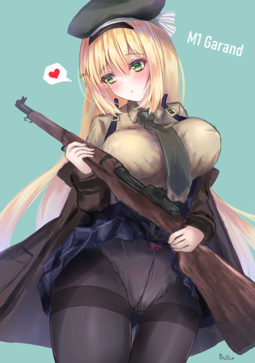 1girl absurdres artist_name beret black_legwear blonde_hair blue_skirt blush bow bow_panties breasts brown_jacket brown_shirt character_name eyebrows_visible_through_hair girls_frontline green_background green_eyes green_neckwear gun hand_on_weapon hat heart heart_print highres jacket large_breasts long_hair looking_down m1_garand m1_garand_(girls_frontline) martinreaction military military_hat military_uniform necktie panties panties_under_pantyhose pantyhose rifle shirt skirt skirt_lift solo underwear uniform weapon white_panties