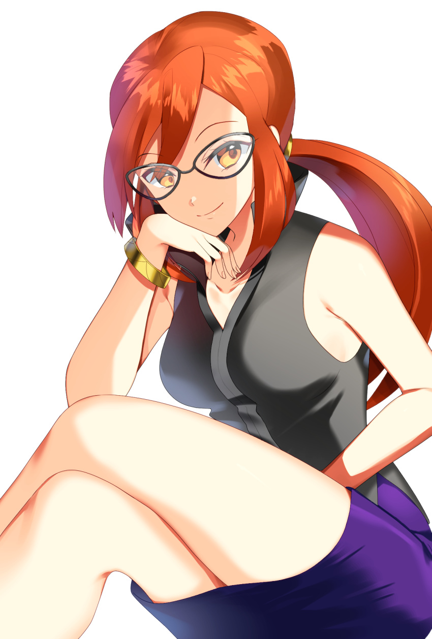 1girl bangs black-framed_eyewear black_shirt bracelet closed_mouth commentary crossed_legs eyelashes fingernails glasses hair_over_one_eye hand_up highres jewelry kanna_(pokemon) looking_at_viewer orange_eyes orange_hair pokemon pokemon_(game) pokemon_frlg purple_skirt shirt simple_background skirt sleeveless sleeveless_shirt smile solo tied_hair white_background yuihiko