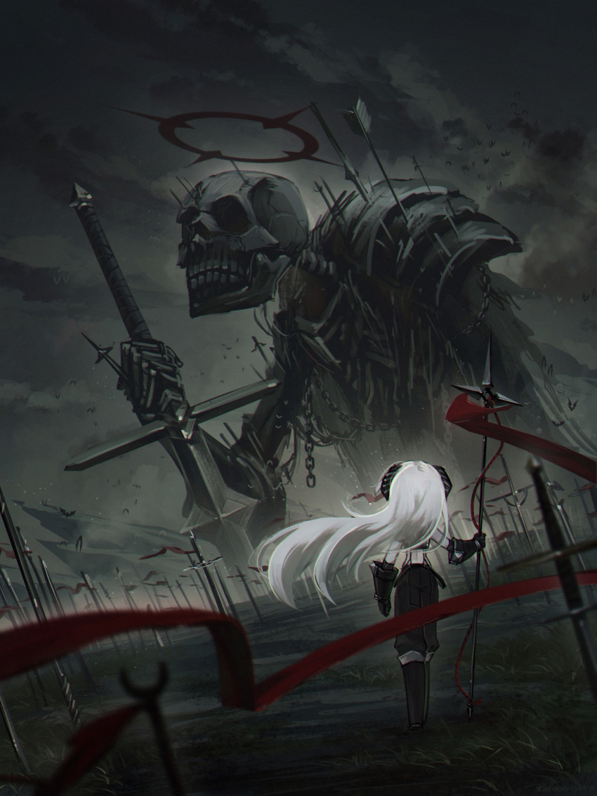 1girl armor banner fantasy field_of_blades giant gloves grass halo highres horns long_hair midriff original planted_sword planted_weapon polearm porforever skeleton spear sword undead very_long_hair weapon white_hair wind wind_lift zweihander
