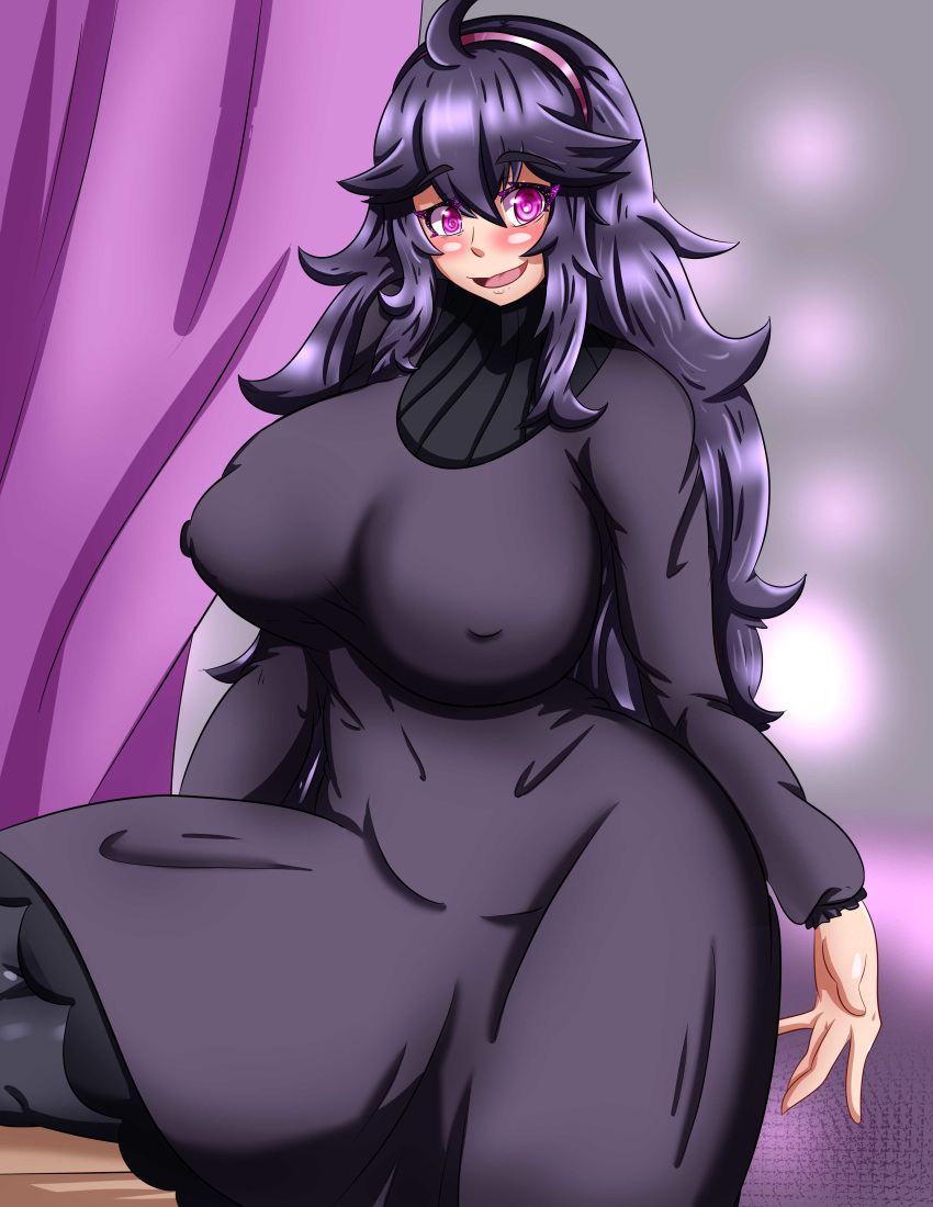 1girl absurdres ahoge ballpoint_pen_(medium) black_legwear blush breasts covered_nipples curvy desk dress headband hex_maniac_(pokemon) highres knee_up large_breasts long_dress long_hair nipples on_desk pink_eyes plump pokemon pokemon_(game) pokemon_xy puredarkness500 purple_hair purple_headband ribbed_sweater smile sweater thighhighs traditional_media