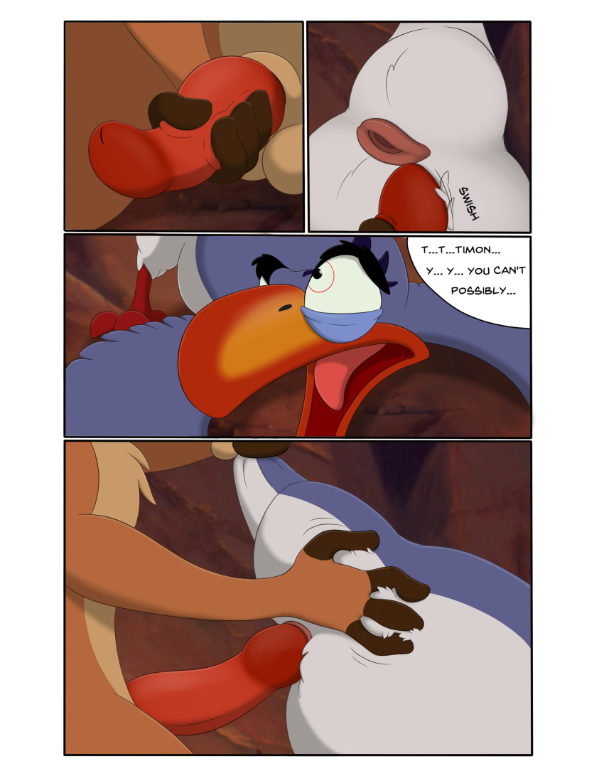 2017 absurd_res anal anatomically_correct animal_genitalia avian balls beak bird black_eyes blue_body blue_fur border bucerotiform butt cloaca comic detailed_background dialogue digital_media_(artwork) disney duo english_text feral forced fur genitals herpestid hi_res hornbill male male/male mammal mcfan meerkat penis rape red-billed_hornbill sex sheath speech_bubble text the_lion_king timon white_border zazu