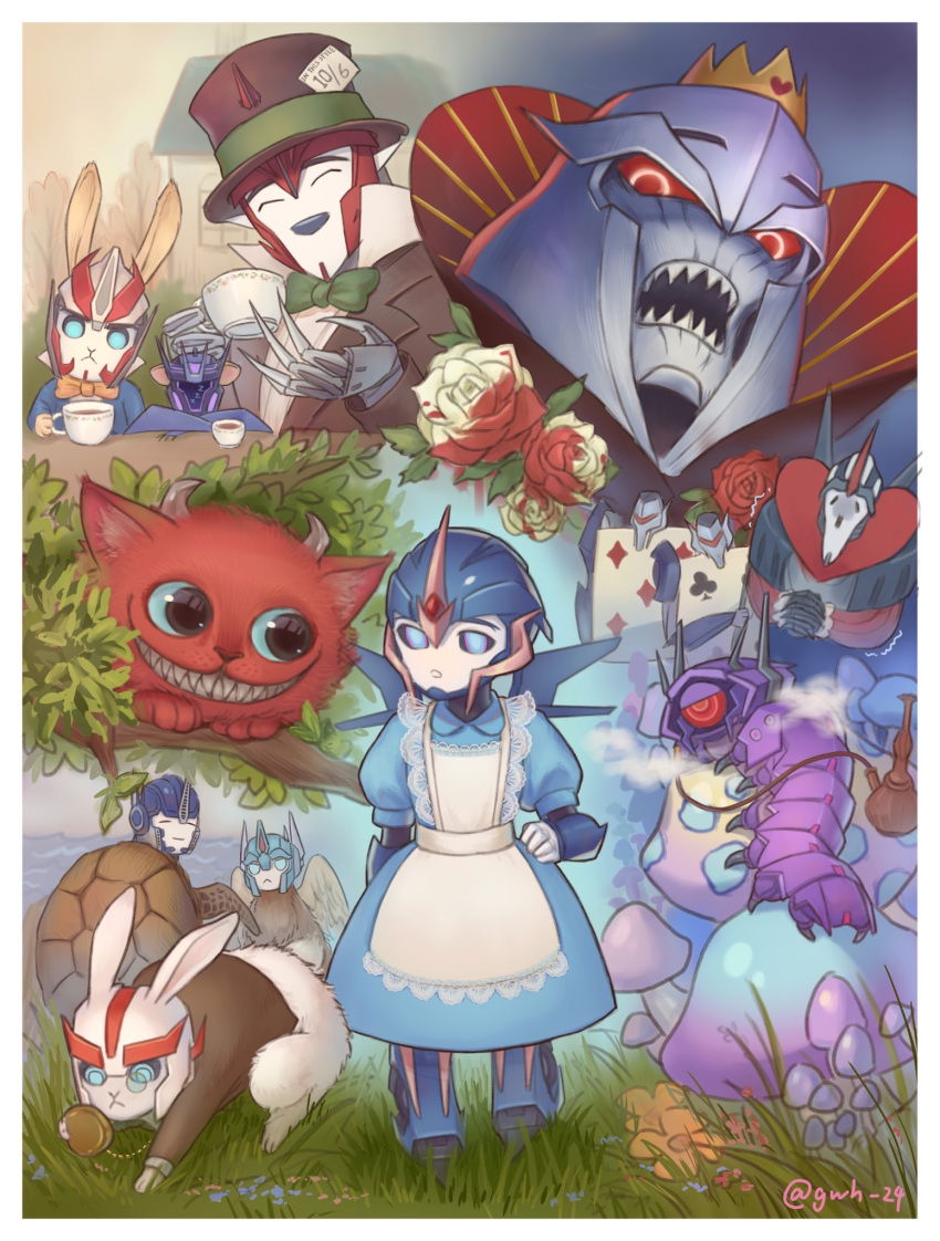 ^_^ alice_(wonderland) alice_(wonderland)_(cosplay) alice_in_wonderland arcee autobot blue_dress blue_eyes bunny caterpillar cheshire_cat cliffjumper closed_eyes cosplay crossover decepticon dress fusion highres horns jijing5658 knockout_(transformers) looking_down mad_hatter mad_hatter_(cosplay) megatron monocle no_humans open_mouth optimus_prime queen_of_hearts queen_of_hearts_(cosplay) red_eyes shockwave_(transformers) smile soundwave starscream transformers transformers_prime ultra_magnus v-fin vehicon