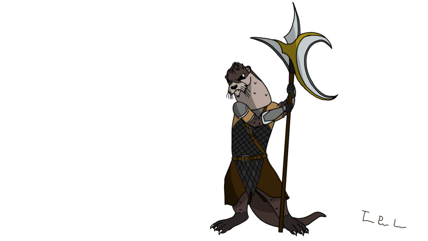 16:9 angry anthro armor clothing colored_sclera fantasy fur halberd hi_res holding_object holding_weapon lutrine male mammal melee_weapon mustelid pavel_ozerov polearm solo thepornlizard weapon whiskers widescreen