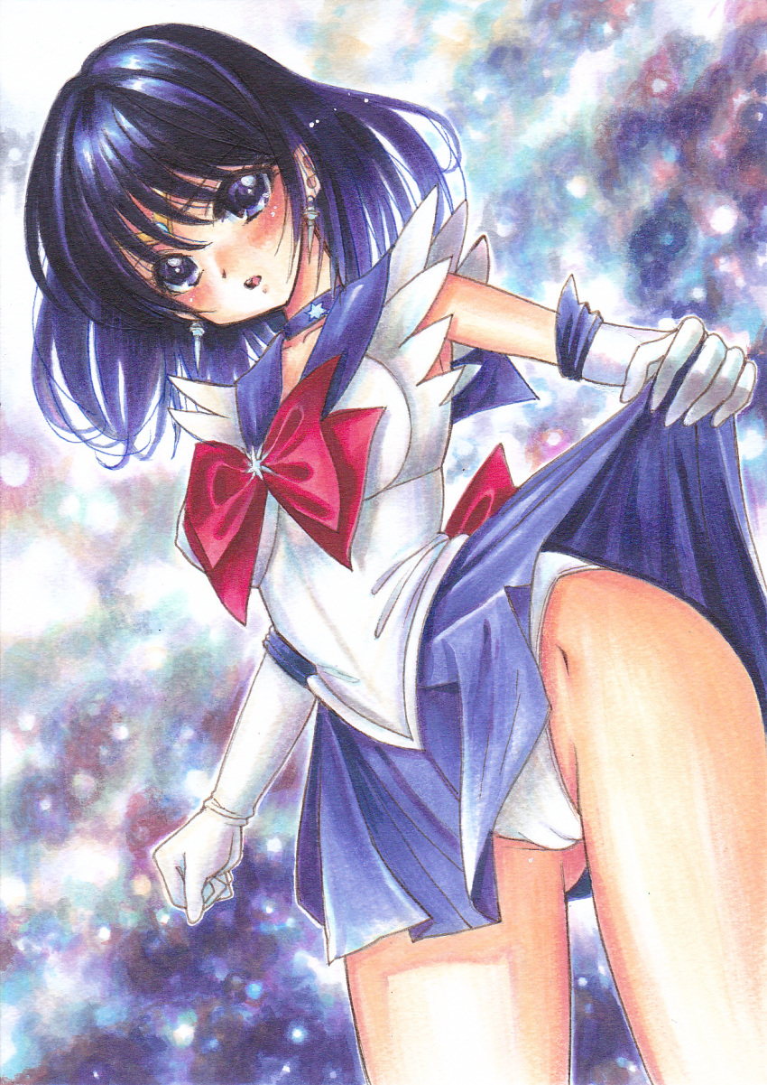 1girl bangs bishoujo_senshi_sailor_moon blue_eyes blue_hair bow bowtie choker circlet collarbone cowboy_shot earrings elbow_gloves floating_hair gloves hair_between_eyes highres jewelry leotard long_hair looking_at_viewer marker_(medium) miniskirt pleated_skirt purple_choker purple_sailor_collar purple_skirt red_bow red_neckwear sailor_collar sailor_saturn sailor_senshi_uniform shiny shiny_hair skirt skirt_lift solo standing tomoeri traditional_media white_gloves white_leotard