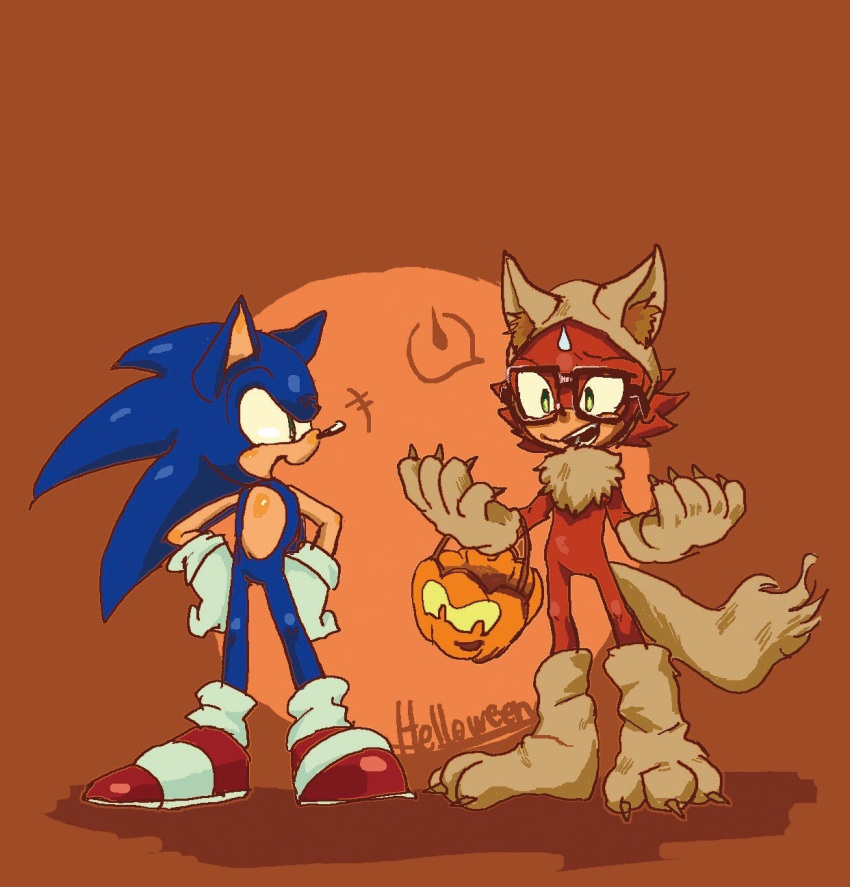 2017 anthro basket biped blue_body blue_fur brown_background canid canine canis clothing costume custom_character_(sonic_forces) duo eulipotyphlan eyewear fake_paws footwear fur glasses gloves green_eyes halloween hands_on_hips handwear hedgehog hi_res holidays kaniboshi358 male mammal open_mouth open_smile paw_gloves red_body red_fur shoes simple_background smile sonic_forces sonic_the_hedgehog sonic_the_hedgehog_(series) standing wolf