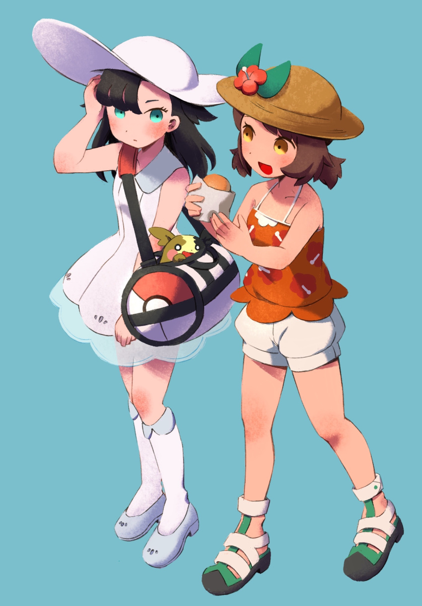 2girls :d alternate_costume arm_up asymmetrical_bangs bag bangs bare_shoulders black_hair blue_background blue_footwear blush brown_eyes brown_hair brown_headwear collared_dress commentary_request cosplay dress duffel_bag flower food full_body gen_8_pokemon green_eyes green_footwear hand_in_hair hat hat_flower highres holding holding_food in_bag in_container iroidori4422 kneehighs lillie_(pokemon) lillie_(pokemon)_(cosplay) long_hair looking_at_another mary_(pokemon) mizuki_(pokemon) mizuki_(pokemon)_(cosplay) morpeko morpeko_(full) multiple_girls open_mouth orange_shirt poke_ball_theme pokemon pokemon_(creature) pokemon_(game) pokemon_swsh pokemon_usum red_flower shirt shoes short_hair shorts shoulder_bag simple_background sleeveless sleeveless_dress sleeveless_shirt smile spaghetti_strap standing sun_hat sundress white_dress white_headwear white_legwear white_shorts yuuri_(pokemon)