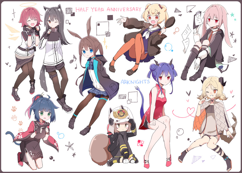 1boy 6+girls :d ^_^ aa_(sin2324) amiya_(arknights) animal_ear_fluff animal_ears animal_ears_helmet anniversary ansel_(arknights) arknights bangs bare_arms bare_shoulders bear_ears black_footwear black_gloves black_hair black_jacket black_shorts blonde_hair blue_dress blue_hair blue_skirt blush boots brown_eyes brown_hair brown_legwear brown_vest brown_wings bunny_ears ch'en_(arknights) china_dress chinese_clothes clipboard closed_eyes closed_mouth collared_shirt commentary_request curled_horns detached_wings double_bun dress eighth_note exusiai_(arknights) eyebrows_visible_through_hair fake_animal_ears fingerless_gloves fire_helmet fire_jacket firefighter flower food frying_pan gloves green_eyes gummy_(arknights) gun hair_flower hair_ornament halo hand_up hands_up highres holding holding_food holding_gun holding_weapon horns ifrit_(arknights) jacket jessica_(arknights) knee_boots knee_pads long_hair long_sleeves multiple_girls musical_note neckerchief necktie one_eye_closed open_clothes open_jacket open_mouth oxygen_tank pantyhose pink_hair pleated_dress pleated_skirt pocky ponytail purple_hair red_dress red_eyes red_flower red_hair red_neckwear sailor_collar sailor_dress shaw_(arknights) shirt short_shorts short_sleeves shorts shorts_under_dress sitting skirt sleeveless sleeveless_dress smile sparkle squirrel_girl squirrel_tail tail texas_(arknights) twintails very_long_hair vest wariza weapon white_jacket white_neckwear white_sailor_collar white_shirt wide_sleeves wings wolf_ears wolf_girl wolf_tail
