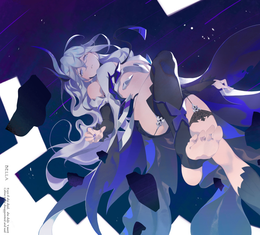 1girl absurdres bare_shoulders barefoot benares_(honkai_impact) black_legwear blue_eyes blue_nails character_name commentary detached_sleeves english_text garter_straps highres honkai_(series) honkai_impact_3rd horns long_hair silver_hair single_horn solo tatatsu thighhighs very_long_hair white_legwear