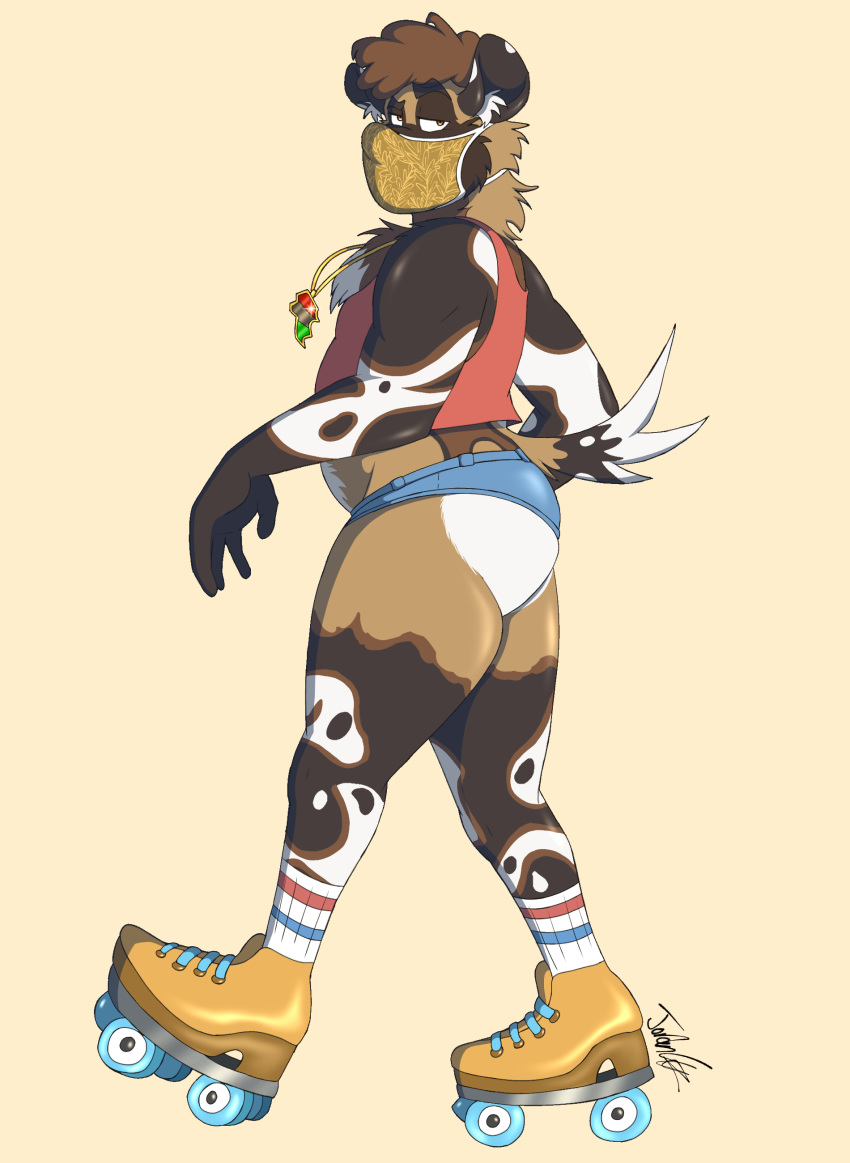 absurd_res african_wild_dog anthro big_butt bottomwear brown_hair butt canid canine canis chubby_male clothed clothing darius_davis digital_media_(artwork) faroutboy fur hair hi_res hotpants jewelry legwear looking_at_viewer male mammal mask multicolored_body multicolored_fur multicolored_tail necklace quad_skates rollerskates shirt shorts simple_background slightly_chubby socks solo standing tank_top topwear