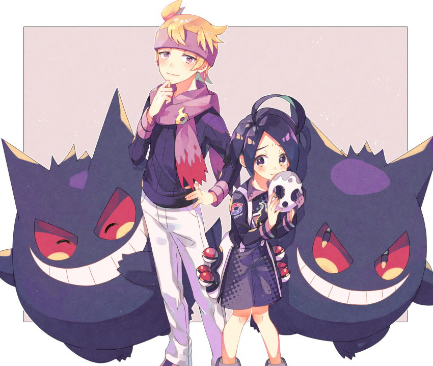 2boys absurdres ahoge bangs black_hair blush closed_mouth commentary_request gen_1_pokemon gengar gym_leader hand_on_hip hand_up hands_up headband height_difference highres holding holding_mask huge_filesize looking_at_viewer mask mask_removed matsuba_(pokemon) multiple_boys nagatsukiariake onion_(pokemon) pants pokemon pokemon_(creature) pokemon_(game) pokemon_hgss pokemon_swsh purple_headband purple_scarf scarf shorts smile suspender_shorts suspenders white_pants