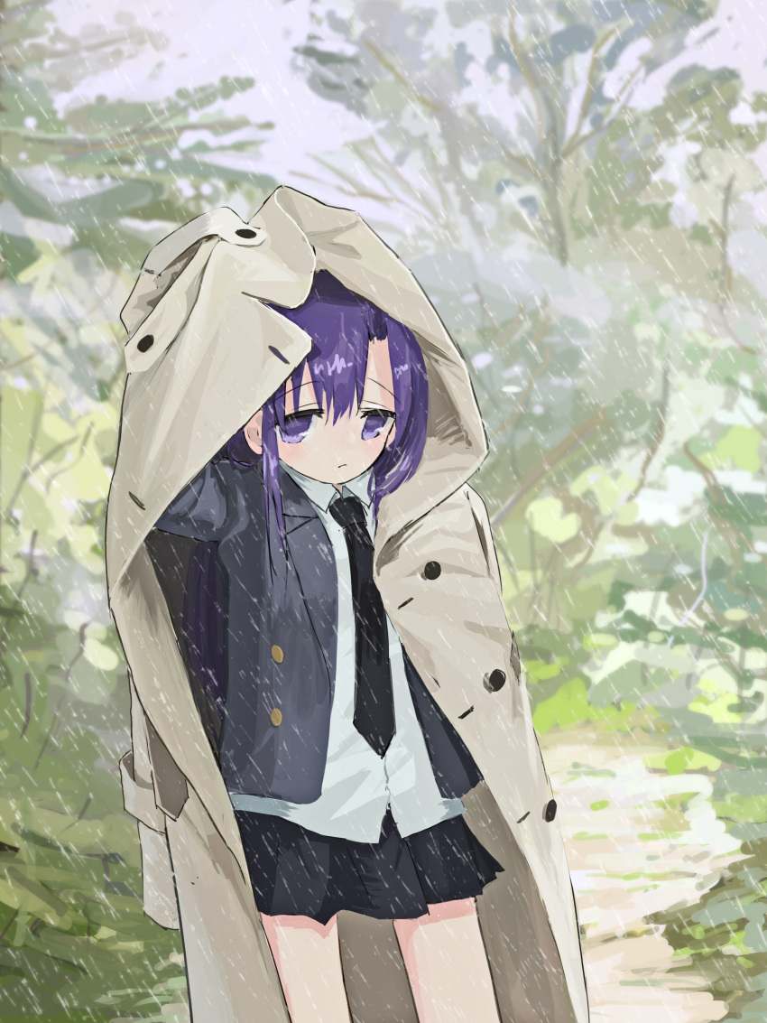 1girl absurdres black_neckwear black_skirt blurry blurry_background closed_mouth coat collared_shirt cowboy_shot depth_of_field goshiki_agiri grey_coat grey_jacket highres jacket kill_me_baby long_hair looking_at_viewer nadegata necktie pleated_skirt purple_eyes purple_hair rain shirt skirt solo standing white_shirt wing_cap wing_collar