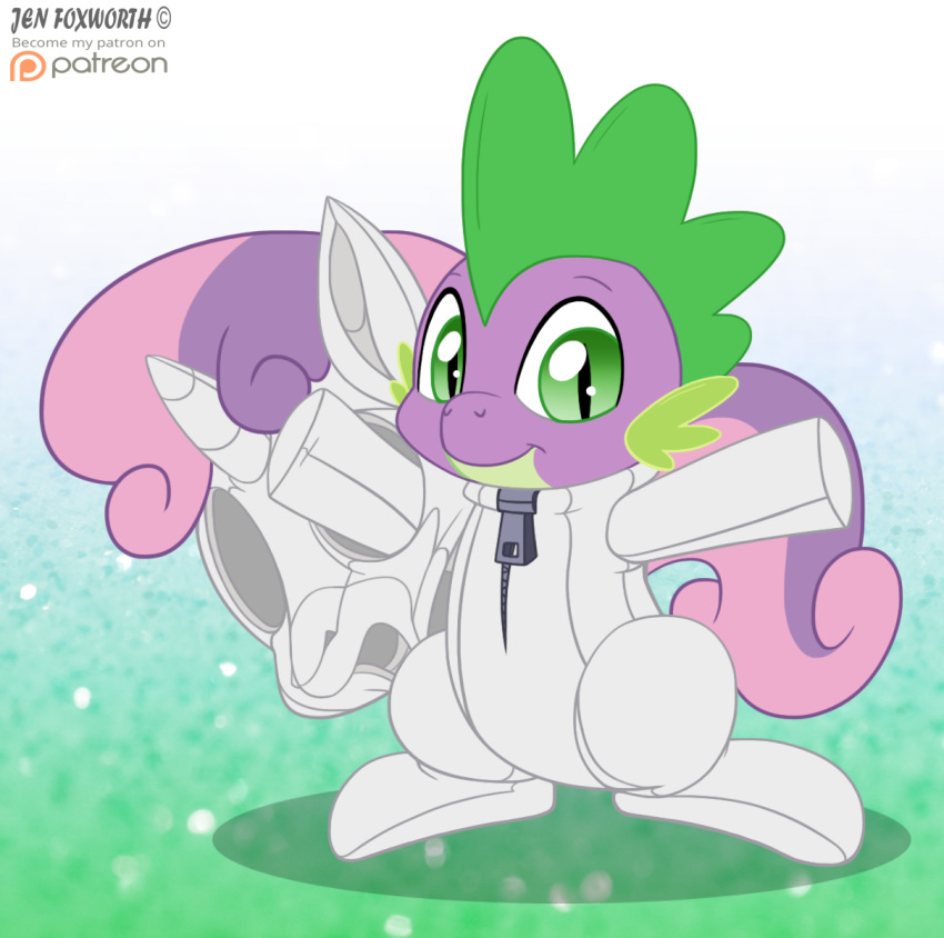 clothing costume dragon equid equine eyebrows friendship_is_magic fur green_body green_eyes hi_res horn horse jen_foxworth male mammal mane my_little_pony patreon pony pupils purple_body purple_fur slit_pupils smile solo spike_(mlp) spikes suit sweetie_belle_(mlp) white_body zipper