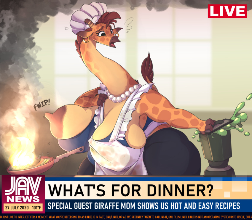anthro apron big_breasts blender_(object) breasts clothing cooking cookware ear_piercing english_text female fire frying_pan giraffe giraffe_mom giraffid horn huge_breasts javanshir jewelry kitchen_utensils long_neck mammal mature_female necklace nipples one_breast_out ossicone piercing solo text tools wardrobe_malfunction
