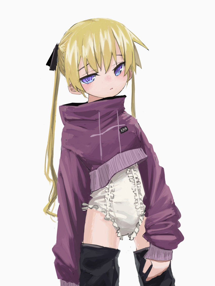1girl absurdres black_legwear blonde_hair blush cowboy_shot cropped_sweater highres kill_me_baby leotard long_sleeves looking_at_viewer nadegata parted_lips purple_eyes purple_sweater simple_background solo sonya_(kill_me_baby) standing sweater thighhighs twintails white_background white_leotard