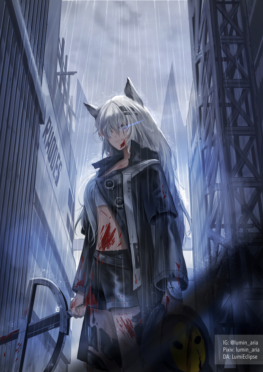 1girl absurdres animal_ears arknights artist_name bandeau bare_legs black_coat black_shorts blood blood_on_face bloody_clothes bloody_weapon breasts city coat commentary cowboy_shot death glowing glowing_eye grin hair_between_eyes hair_ornament highres holding holding_sword holding_weapon lappland_(arknights) long_hair looking_at_viewer lumin_aria medium_breasts midriff millipen_(medium) open_clothes open_coat ore_lesion_(arknights) outdoors rain reunion_soldier_(arknights) scar scar_across_eye short_shorts shorts silver_eyes silver_hair smile solo_focus strapless sword thighs traditional_media tubetop weapon wolf_ears