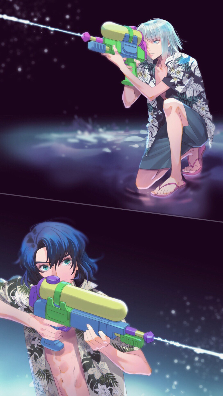 2boys aiming aqua_eyes athrun_zala bangs blue_eyes blue_hair firing flip-flops gundam gundam_seed hawaiian_shirt highres holding holding_water_gun kneeling multiple_boys nito_minatsuki one_knee sandals shirt water water_gun white_hair yzak_joule