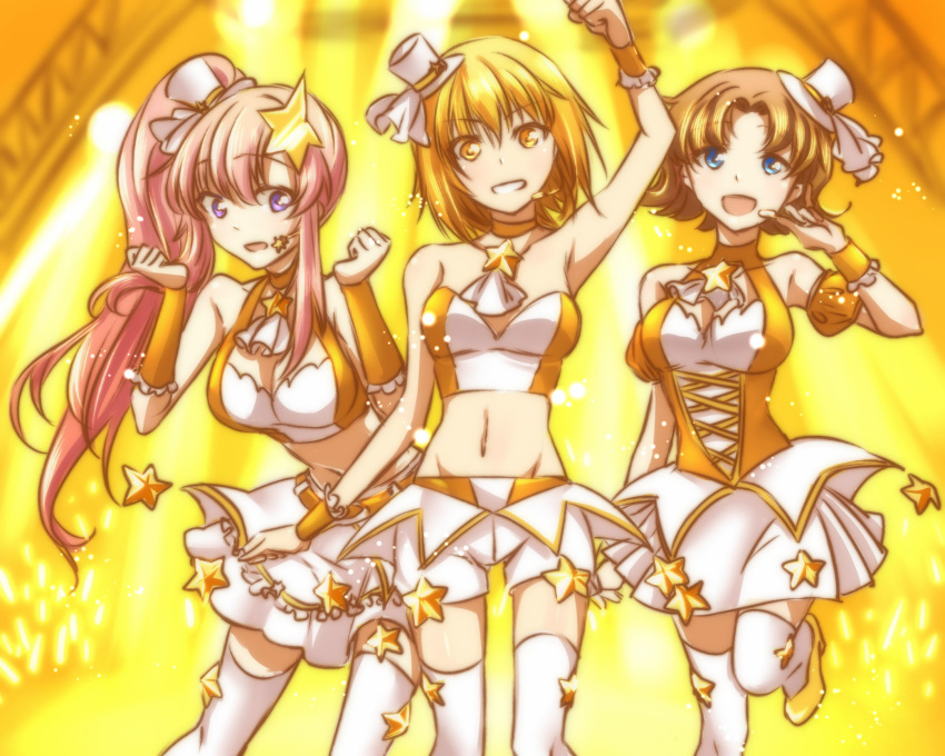 3girls :d armpits blonde_hair blue_eyes blurry blurry_background brown_hair bustier cagalli_yula_athha choker collarbone crop_top detached_sleeves frilled_sleeves frills grin groin gundam gundam_seed gundam_seed_destiny hair_intakes hair_ornament hat headset highres long_hair looking_at_viewer meer_campbell microphone midriff mini_hat miniskirt miriallia_haw morihaw multiple_girls navel open_mouth pink_hair pleated_skirt purple_eyes shiny shiny_hair short_hair short_shorts short_sleeves shorts side_ponytail skirt smile stage standing standing_on_one_leg star_(symbol) star_choker star_hair_ornament stomach strapless thighhighs very_long_hair white_headwear white_legwear white_shorts white_skirt yellow_background yellow_choker yellow_eyes yellow_sleeves yellow_theme