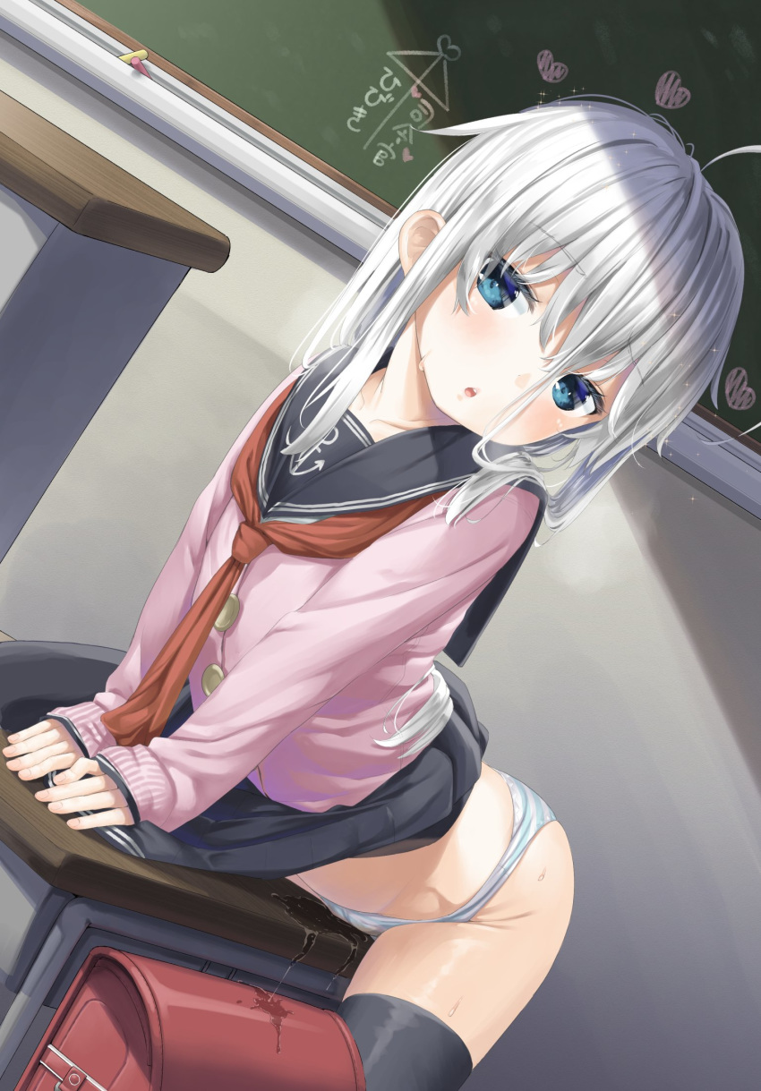 ai_ai_gasa backpack bag black_legwear blue_eyes chalkboard classroom crotch_rub desk hibiki_(kantai_collection) highres kantai_collection long_hair masturbation panties pink_sweater pussy_juice randoseru school_desk skirt skirt_lift solo striped striped_panties sweater table_sex thighhighs translation_request underwear white_hair