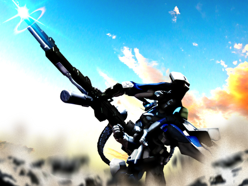 fairlady30z glowing highres holding holding_cannon holding_weapon mecha mecha_focus muv-luv muv-luv_alternative muv-luv_total_eclipse no_humans photo_background railgun robot science_fiction tactical_surface_fighter thrusters weapon xfj-01a_shiranui