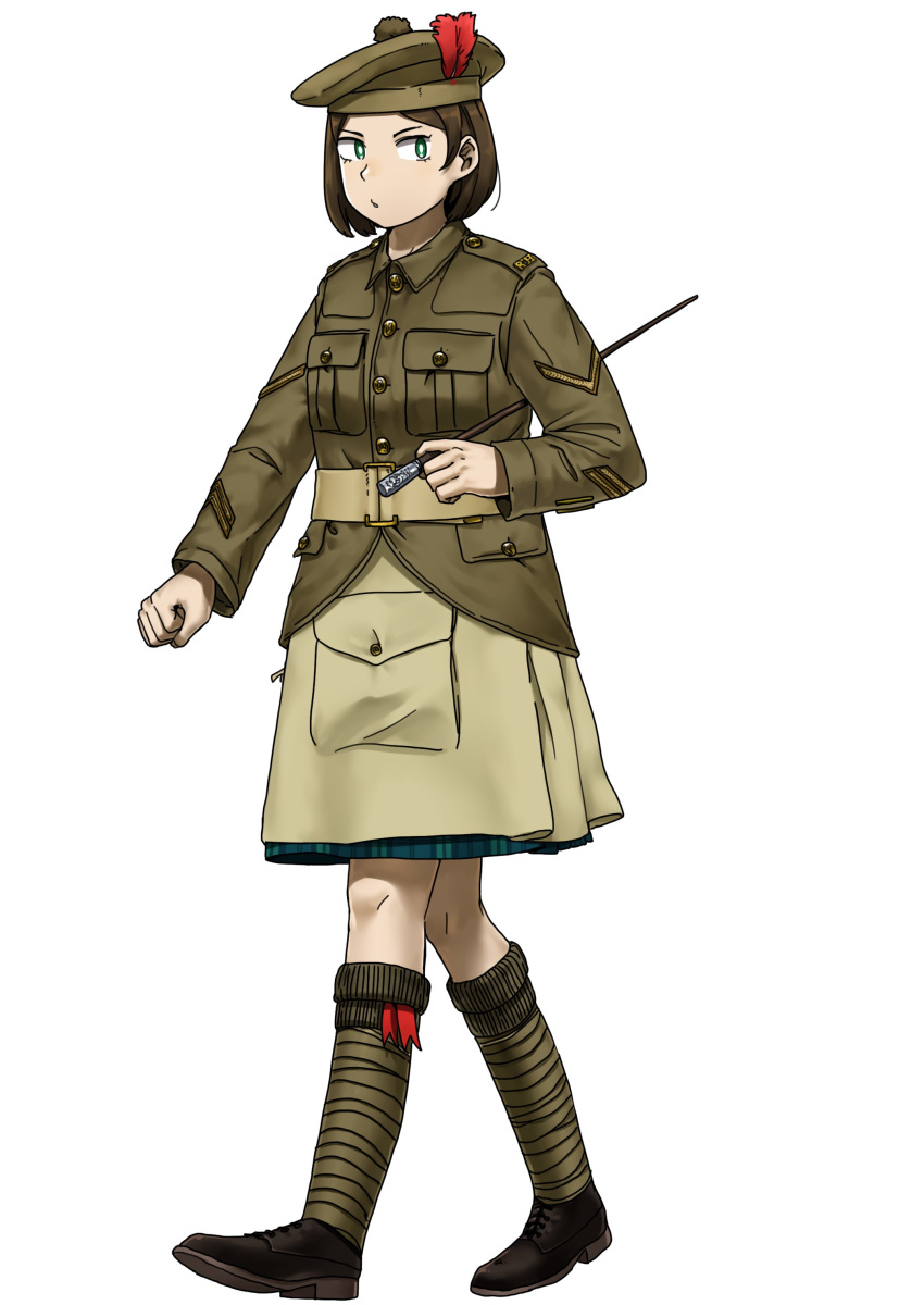 1girl absurdres anyan_(jooho) black_footwear brown_hair brown_headwear brown_jacket brown_legwear full_body green_eyes hat highres holding jacket kilt kneehighs long_sleeves military military_rank_insignia military_uniform original plaid shoes simple_background solo tam_o'_shanter uniform walking white_background world_war_i