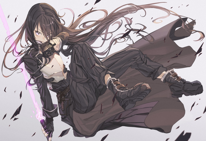 1boy absurdres androgynous beam_saber black_coat black_eyes black_hair black_pants boots breastplate coat energy_sword eyes_visible_through_hair fingerless_gloves five-seven_(gun) gloves gun handgun highres holster hong kirito kirito_(sao-ggo) long_coat long_hair long_pants looking_at_viewer otoko_no_ko pants pistol strap sword sword_art_online weapon