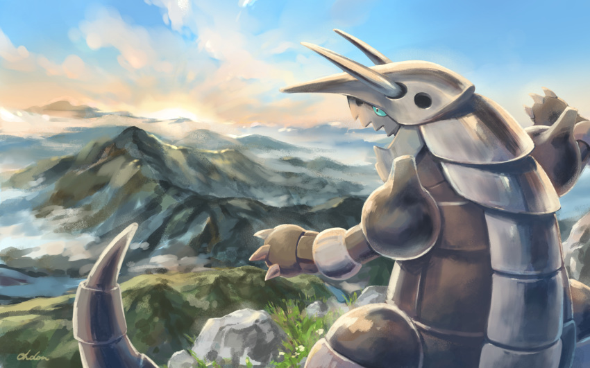 aggron aqua_sclera black_eyes cloud commentary_request day gen_3_pokemon highres horns mountain no_humans ohdon open_mouth outdoors pokemon pokemon_(creature) rock sky solo standing sun