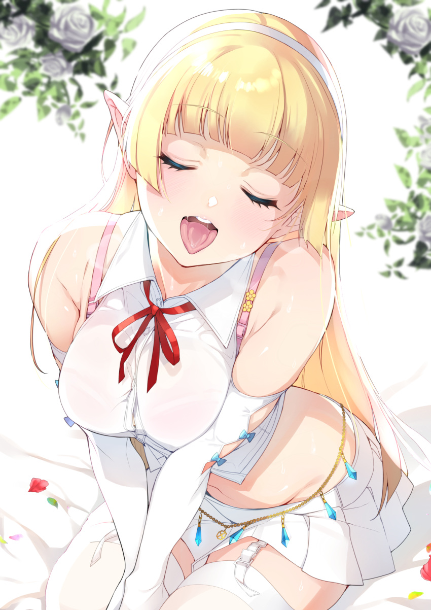 1girl :d bangs bare_shoulders blonde_hair blurry blush bra_strap breasts button_gap closed_eyes collared_shirt crop_top depth_of_field elbow_gloves elf elf_no_radral facing_viewer garter_straps gloves groin hairband heavy_breathing highres inari_(inariya) long_hair medium_breasts midriff miniskirt navel neck_ribbon open_mouth original pleated_skirt pointy_ears ribbon saliva sexually_suggestive shirt sitting skirt sleeveless sleeveless_shirt smile solo thighhighs tongue tongue_out v_arms white_gloves white_legwear white_shirt white_skirt zettai_ryouiki