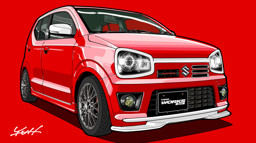 absurdres car ground_vehicle highres motor_vehicle no_humans original red_background signature solo suzuki_(company) suzuki_alto vehicle_focus yuh_7929