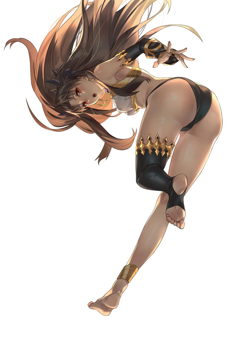 1girl ahoge anklet armlet ass asymmetrical_legwear asymmetrical_sleeves backlighting bangs bare_shoulders bikini black_bow blush bow breasts brown_hair detached_sleeves earrings fate/grand_order fate_(series) feet gold_trim hair_bow highres hoop_earrings ishtar_(fate)_(all) ishtar_(fate/grand_order) jewelry legs long_hair looking_at_viewer medium_breasts mismatched_bikini neck_ring open_mouth parted_bangs red_eyes simple_background single_detached_sleeve single_thighhigh soles swimsuit thighhighs tiara tight_(ohmygod) two_side_up white_background