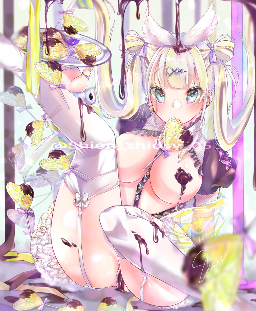 1girl absurdres animal_ears bangs blonde_hair blush bow breasts chocolate convenient_censoring food food_on_body food_on_breasts frills fruit garter_straps grey_eyes hair_bow hair_ornament highres holding holding_tray jewelry large_breasts leg_up lemon lemon_slice long_hair looking_at_viewer meme_attire original revealing_clothes reverse_bunnysuit reverse_outfit ring shion_(shione_rinka) shrug_(clothing) sidelocks solo thighhighs thighs tray very_long_hair