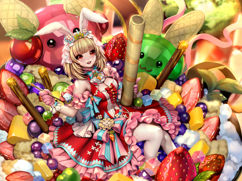 1girl alternate_costume animal_ears bangs blunt_bangs breasts bunny_ears cake carrot_(one_piece) cleavage commission dress eyebrows_visible_through_hair food fruit furry gloves highres holding holding_spoon looking_at_viewer medium_breasts one_piece pantyhose pink_gloves red_dress red_eyes sammi_hisame smile solo spoon strawberry white_legwear