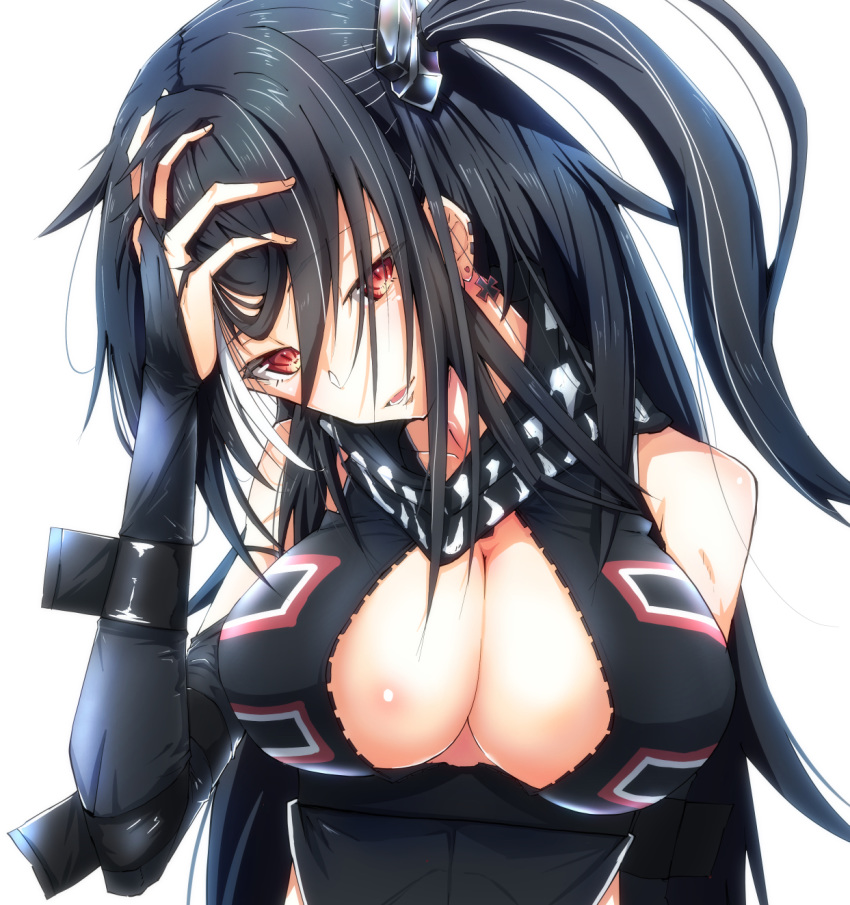 1girl arm_strap azur_lane bangs black_hair black_swimsuit breasts cleavage cross cross_choker cross_earrings crossed_bangs earrings front_zipper_swimsuit highres iron_cross jewelry large_breasts long_hair meme_attire multicolored_hair one-piece_swimsuit one_side_up red_eyes smile solo streaked_hair swimsuit tenteru u-47_(azur_lane) unzipped upper_body