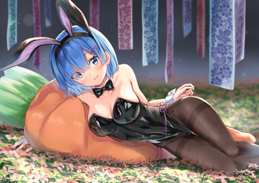 1girl alternate_costume alternate_hair_ornament animal_ears bangs bare_arms bare_shoulders black_legwear black_leotard black_neckwear blue_eyes blue_hair blurry blurry_background blush bow bowtie breasts bunny_ears bunnysuit carrot_pillow cleavage closed_mouth collarbone commentary_request detached_collar eyebrows_visible_through_hair fake_animal_ears flower_knot grass hair_ornament hand_on_own_thigh highleg highres large_breasts leotard looking_at_viewer lying nanashi_(74_nanashi) on_ground on_side pantyhose pillow pink_ribbon re:zero_kara_hajimeru_isekai_seikatsu rem_(re:zero) ribbon short_hair smile solo strapless strapless_leotard thigh_gap thighband_pantyhose wrist_cuffs x_hair_ornament