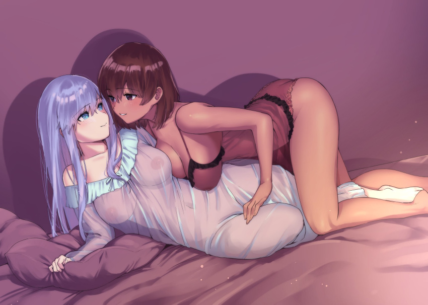 2girls alexandra_(suzuame_yatsumi) bangs bare_shoulders blue_eyes blush breasts brown_hair cleavage collarbone commission commissioner_upload hair_between_eyes heri highres large_breasts lavender_hair lingerie long_hair looking_at_another multiple_girls negligee nipples on_bed original pajamas red_eyes see-through shalifa_(suzuame_yatsumi) short_hair sidelocks smile thighs underwear yuri