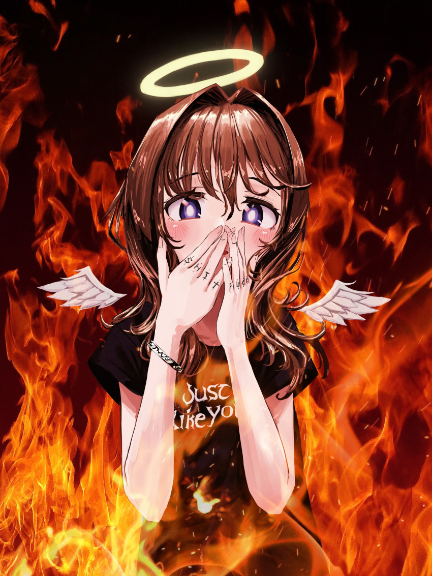 1girl absurdres angel_(nadegata) angel_wings black_shirt blush bracelet bright_pupils brown_hair burning clothes_writing detached_wings feathered_wings finger_tattoo fingernails fire hair_intakes halo hands_over_mouth highres jewelry long_hair looking_at_viewer nadegata original profanity purple_eyes shirt short_sleeves solo upper_body white_pupils white_wings wings