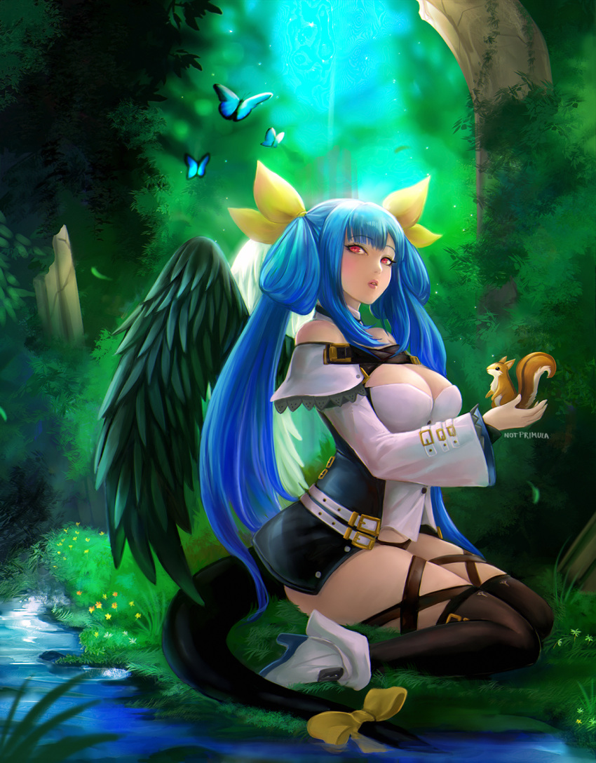 1girl animal artist_name asymmetrical_wings bangs bare_shoulders belt black_panties blue_hair blush breasts bug butterfly choker detached_sleeves dizzy_(guilty_gear) eyebrows_visible_through_hair forest grass guilty_gear guilty_gear_xrd hair_between_eyes hair_ribbon hair_rings high_heels highres holding holding_animal insect large_breasts monster_girl nature notprimula panties red_eyes ribbon river signature solo squirrel tail tail_ribbon thick_thighs thigh_strap thighhighs thighs tress twintails underwear wings yellow_ribbon