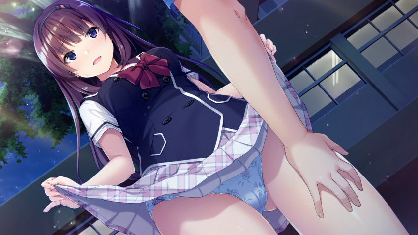 cameltoe game_cg mishima_akari night onaji_class_no_idol-san panties school_uniform skirt_lift sky sonora unasaka_ryou underwear