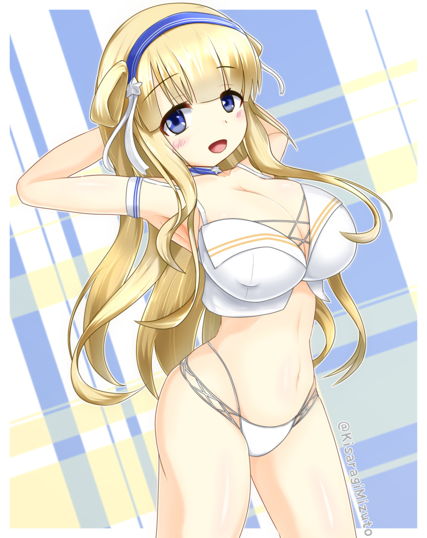 1girl arm_behind_head armpits arms_behind_head arms_up bikini blonde_hair blue_background blue_eyes breasts cleavage collarbone covered_nipples cowboy_shot double_bun eyebrows_visible_through_hair fletcher_(kantai_collection) hair_ornament hairband highres kantai_collection kisaragi_mizuto large_breasts long_hair looking_at_viewer navel open_mouth smile solo star_(symbol) star_hair_ornament swimsuit twitter_username white_background white_bikini yellow_background