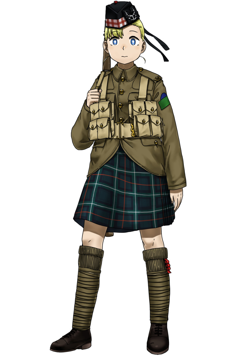 1girl absurdres anyan_(jooho) black_footwear black_headwear blonde_hair blue_eyes brown_jacket brown_legwear buttons full_body garrison_cap gun hat highres jacket kilt kneehighs load_bearing_vest looking_at_viewer original plaid rifle rifle_on_back shoes simple_background solo standing weapon white_background world_war_i