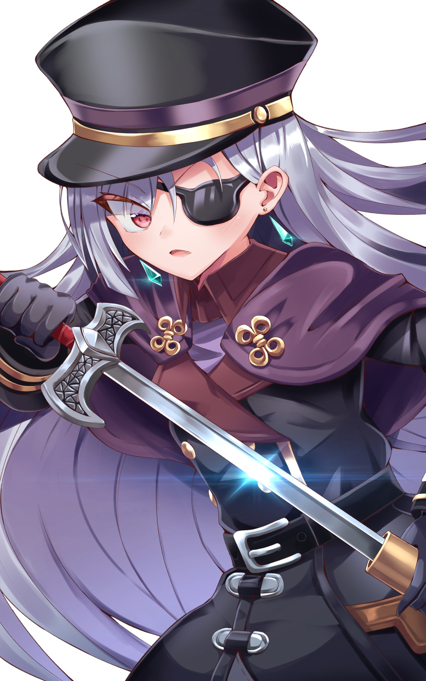 1girl absurdres borrowed_character destiny549-2 drawing_sword earrings eyepatch flat_chest grey_hair hat highres holding holding_sword holding_weapon huge_filesize jewelry long_hair looking_to_the_side one_eye_covered original red_eyes sheath solo sword unsheathing v-shaped_eyebrows very_long_hair weapon