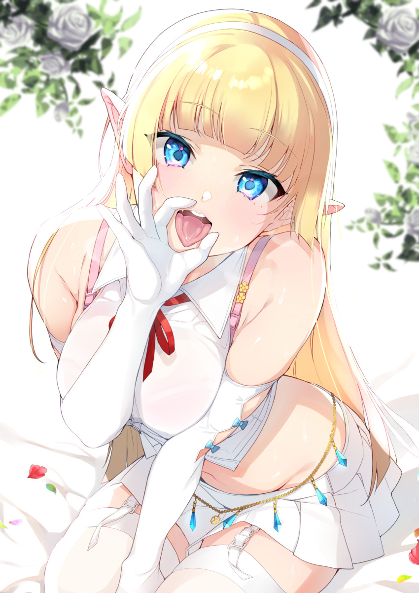 1girl :d bangs bare_shoulders blonde_hair blue_eyes blurry blush bra_strap breasts button_gap collared_shirt crop_top depth_of_field elbow_gloves elf elf_no_radral fellatio_gesture garter_straps gloves groin hairband heavy_breathing highres inari_(inariya) long_hair looking_at_viewer medium_breasts midriff miniskirt navel neck_ribbon open_mouth original pleated_skirt pointy_ears ribbon saliva sexually_suggestive shirt sitting skirt sleeveless sleeveless_shirt smile solo thighhighs tongue tongue_out v_arms white_gloves white_legwear white_shirt white_skirt zettai_ryouiki