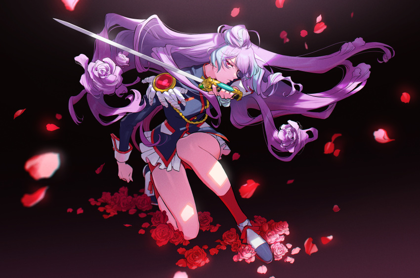 1girl absurdres cosplay crossover floating_hair flower hair_flower hair_ornament highres holding holding_sword holding_weapon long_hair looking_to_the_side macross macross_delta mikumo_guynemer mosako purple_flower purple_hair purple_rose red_eyes red_flower red_rose rose shoujo_kakumei_utena solo sword tenjou_utena tenjou_utena_(cosplay) very_long_hair weapon
