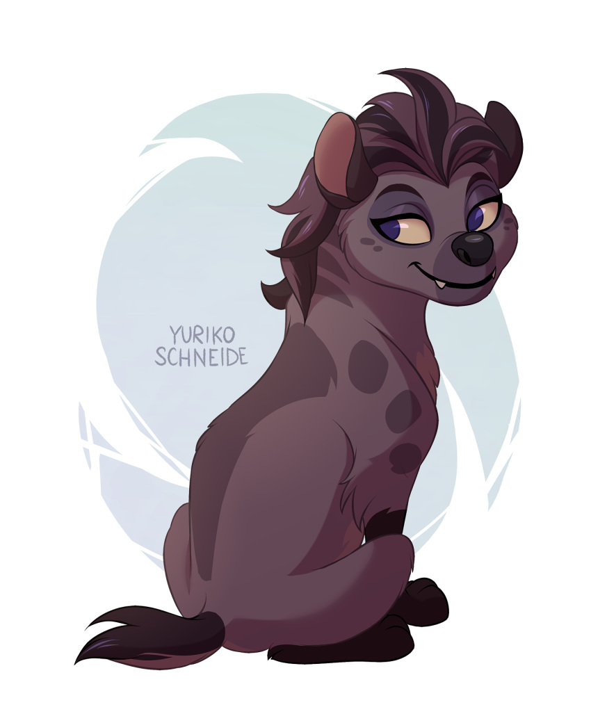 disney fangs female feral half-closed_eyes hi_res hyaenid jasiri_(tlg) looking_aside looking_back mammal narrowed_eyes short_tail simple_background sitting smile solo spotted_hyena the_lion_guard the_lion_king yurikoschneide