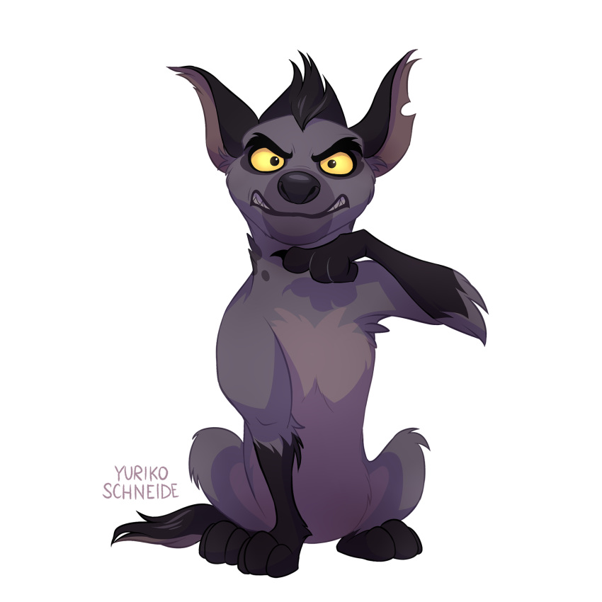 1:1 angry claws disney feral gesture hi_res hyaenid janja looking_at_viewer male mammal paws simple_background sitting solo spotted_hyena the_lion_guard the_lion_king white_background yurikoschneide