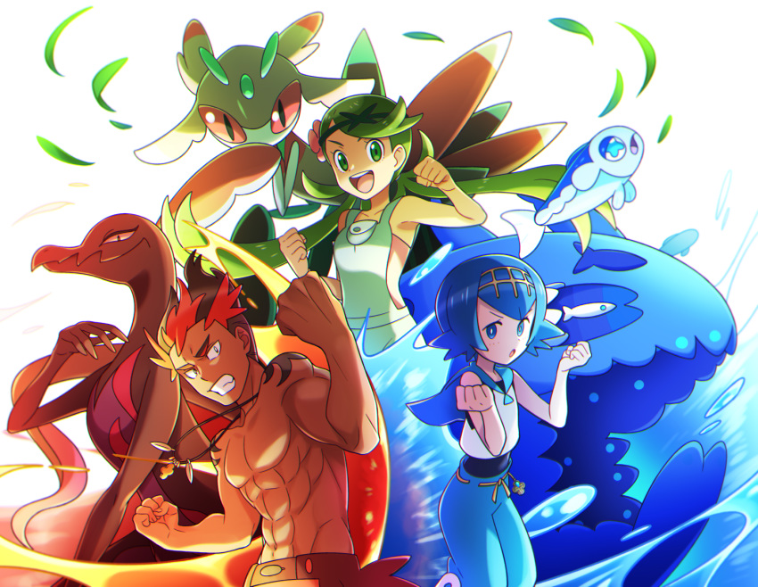 1boy 2girls :d :o abs bangs black_hair blue_eyes blue_hair blue_sailor_collar clenched_teeth collarbone commentary_request dark_skin dark_skinned_male fire flower gen_7_pokemon green_eyes green_hair hair_flower hair_ornament hairband hands_up kaki_(pokemon) leaf lobolobo2010 long_hair looking_at_viewer lurantis mao_(pokemon) multicolored_hair multiple_girls no_sclera one-piece_swimsuit open_mouth pokemon pokemon_(creature) pokemon_(game) pokemon_sm red_hair sailor_collar salazzle shirt shirtless short_hair sleeveless smile suiren_(pokemon) swept_bangs swimsuit swimsuit_under_clothes teeth tongue trial_captain twintails water wishiwashi wishiwashi_(school) wishiwashi_(solo)