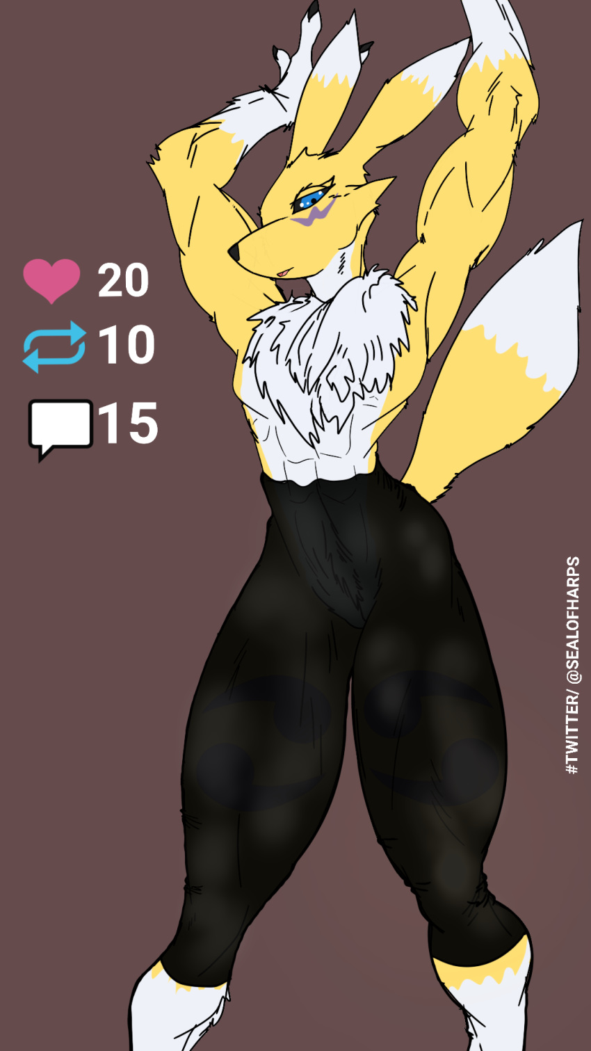 2020 9:16 anthro camel_toe clothing digimon digimon_(species) female harpseal hi_res muscular muscular_female pose pubes pubes_exposed renamon tight_clothing