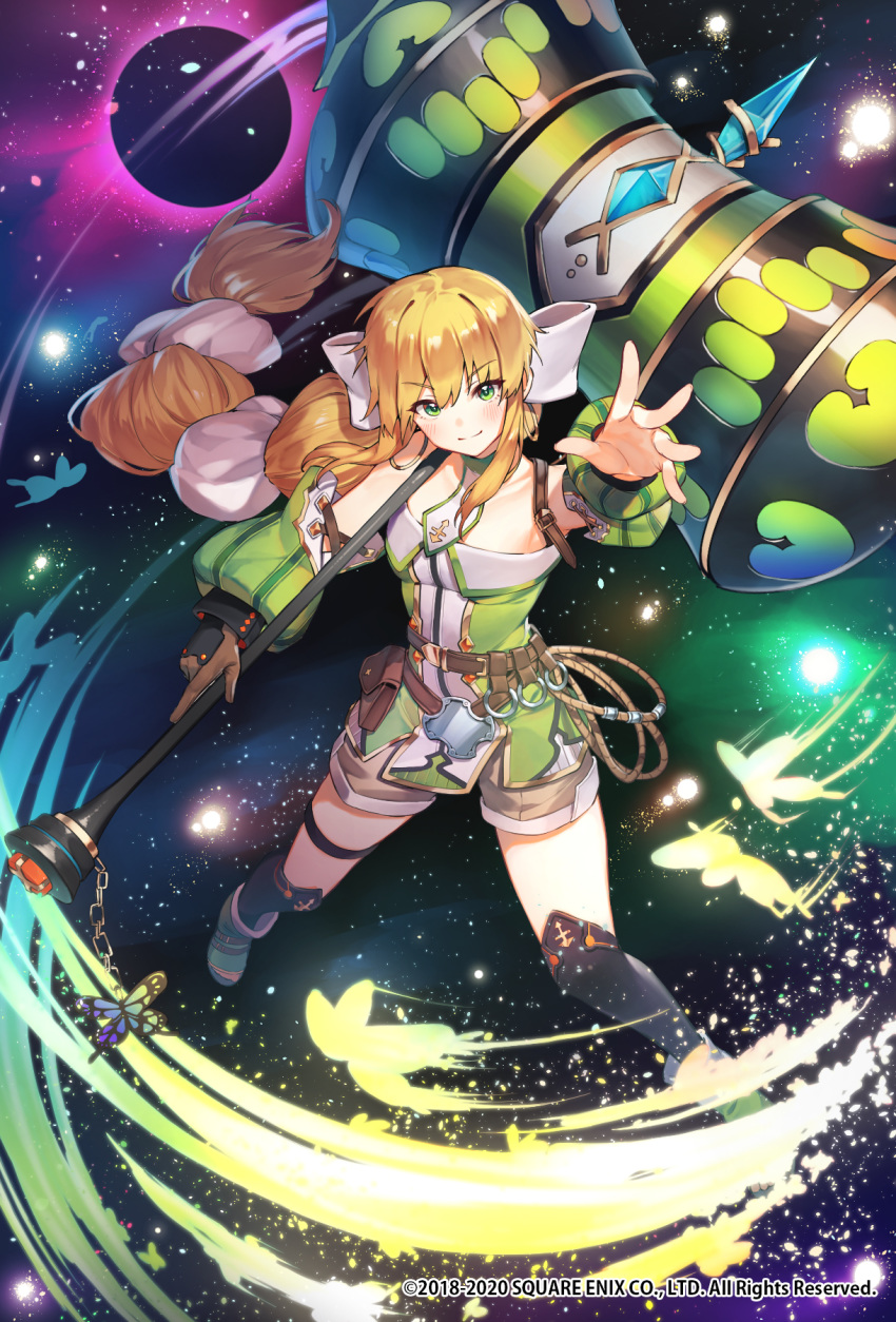 1girl belt black_legwear blonde_hair bug butterfly closed_mouth detached_sleeves green_eyes hammer highres holding holding_weapon huge_weapon insect kneehighs kotoribako lasso legs_apart long_hair long_sleeves looking_at_viewer original smile solo standing very_long_hair weapon