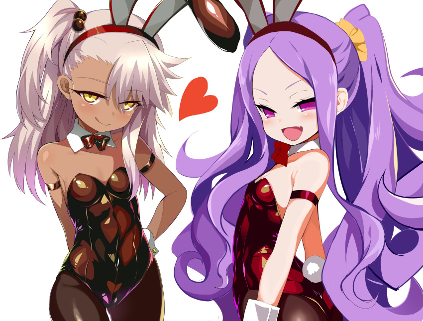 2girls absurdres animal_ears armband bangs bare_shoulders black_leotard blush bow bowtie breasts bunny_ears bunny_tail bunnysuit chloe_von_einzbern closed_mouth collarbone commentary_request dark_skin detached_collar fake_animal_ears fang fate/grand_order fate/kaleid_liner_prisma_illya fate_(series) forehead hair_between_eyes hairband heart highres leotard long_hair looking_at_viewer multiple_girls open_mouth pantyhose parted_bangs pink_hair purple_eyes purple_hair red_leotard scrunchie shimejinameko side_ponytail simple_background small_breasts smile tail tan very_long_hair white_background wrist_cuffs wu_zetian_(fate/grand_order) yellow_eyes yellow_scrunchie