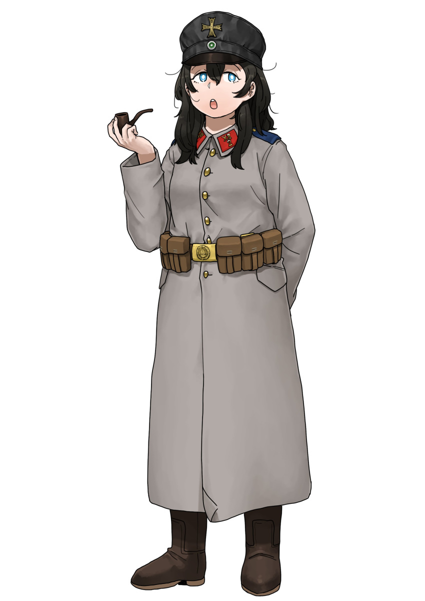 1girl absurdres anyan_(jooho) arm_behind_back belt belt_pouch black_hair black_headwear blue_eyes boots brown_footwear buttons coat full_body grey_coat hat highres holding iron_cross long_hair long_sleeves military military_uniform open_mouth original peaked_cap pipe pouch simple_background solo standing teeth uniform white_background world_war_i